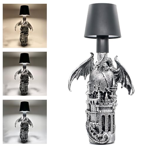 Dragon Statue Lamp Gothic Decor-Dungeons and Dragons Gifts - Bottle Lamp 5000mAh Battery Operated, 3 Color Stepless Dimming Up for Bedroom-Bookshelf-D