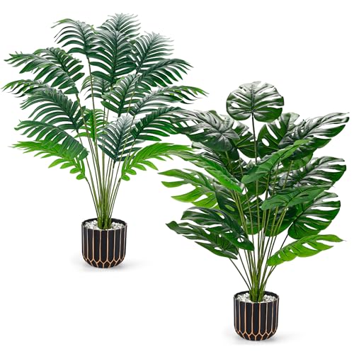 Der Rose 28" Fake Palm Tree Large Artificial Potted Monstera Plants Indoor for Home Porch Patio Living Room Bathroom Outdoor Decor 2 28"-Palm