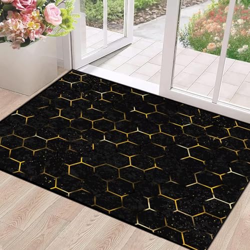 2' x 3' Geometric Rug Black and Gold Area Rugs for Bedroom Dorm Living Room Moroccan Honeycomb Modern Aesthetic Throw Rug Floor Mat Pad Doormat Carpet