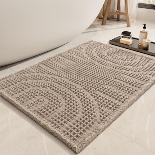 AMOAMI Waffle Bath Mat,Super Absorbent Bath Mats for Bathroom,Non Silp Machine Washable Bathroom Rugs,Soft Bath Rugs with Tassels Front of Bathtub,Sin