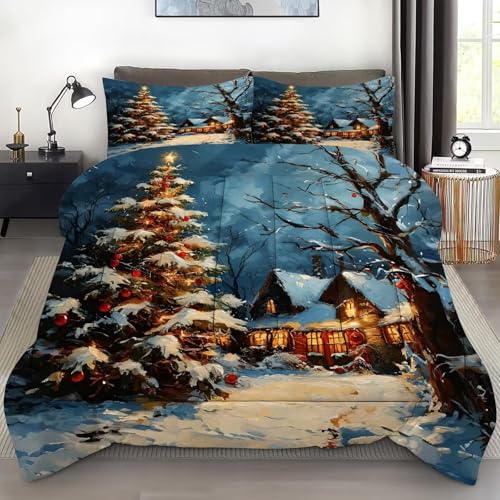 Christmas Comforter Set Full: Christmas Tree Bedding for Girls Bedroom Winter Scenery Festival Xmas Quilt Set Women Teens 1 Comforter & 2 Pillowcases