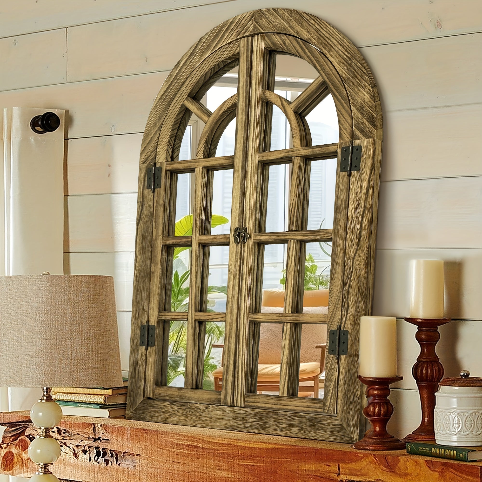 TEMU Window Mirrors For Wall Decor -arched Wall Mirror Farmhouse Wall Decor Wood Frame Decorative Wall Mirrors Like Window For Bedroom, Living Room,