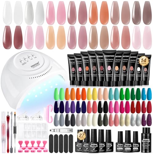JEWHITENY 14 Colors Poly Gel Nail Kit 27 Colors Gel Nail Polish Kit With U V Light All In One Nail Art Starter Kit Suitable For All Seasons 14 poly 27