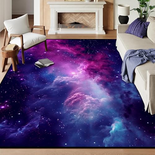 6' x 9' Purple Galaxy Rug Space Rugs Colorful Throw Rug Non-Slip Sun and Cloud Carpet Doormats for Living Room Bedroom Apartment Dorm Floor Mat Galaxy