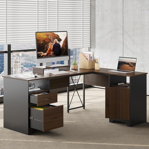 Bestier L Shaped Desk with File Drawers, 63" x 47" Office Computer Desk with Storage Cabinet, Corner Desk with Monitor Stand & Modesty Panel for Home