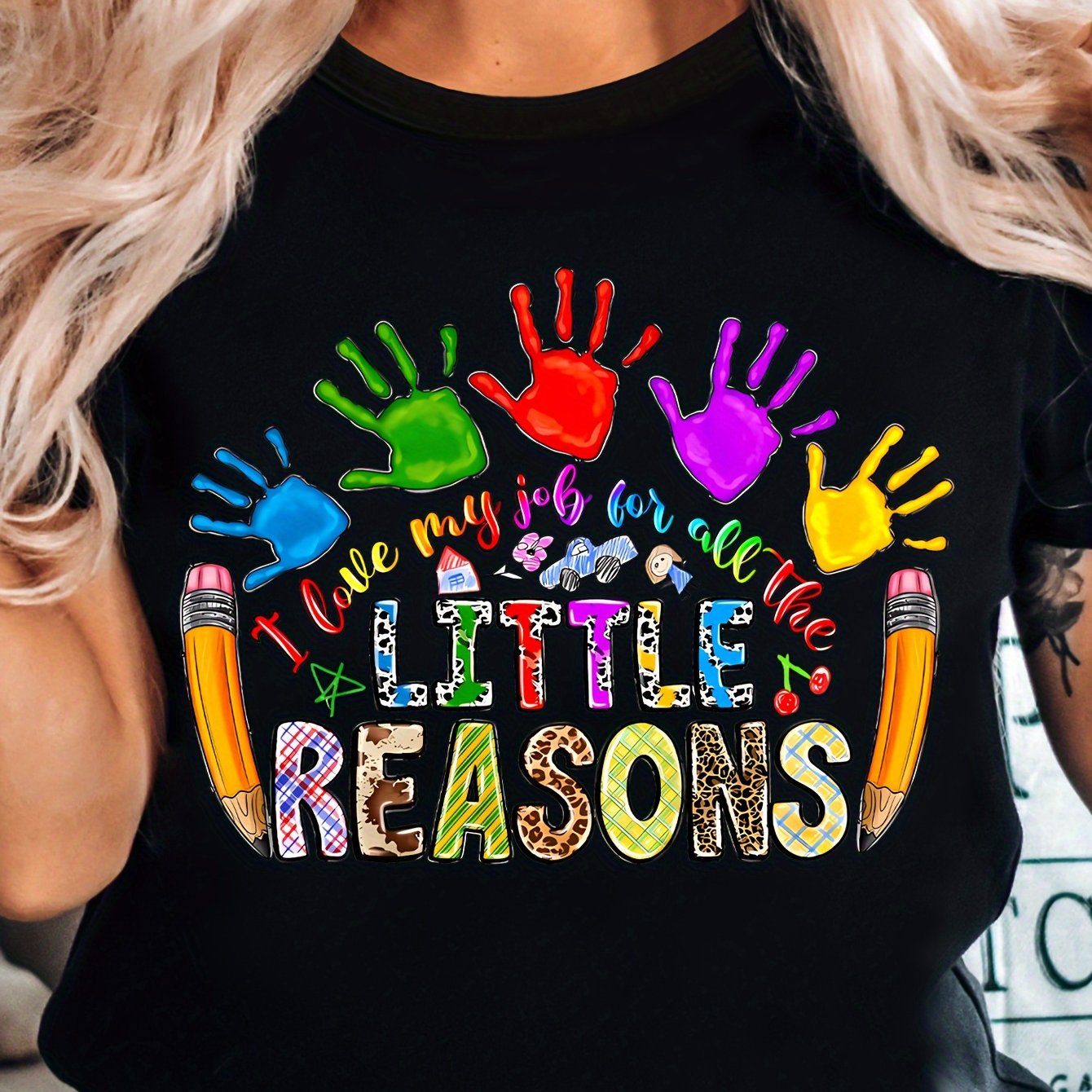 TEMU Women's - Cute Educator T-shirt With Colorful Handprints & "i Love For All The Little " Saying - Soft Everyday Shirt For Teachers, Staff -