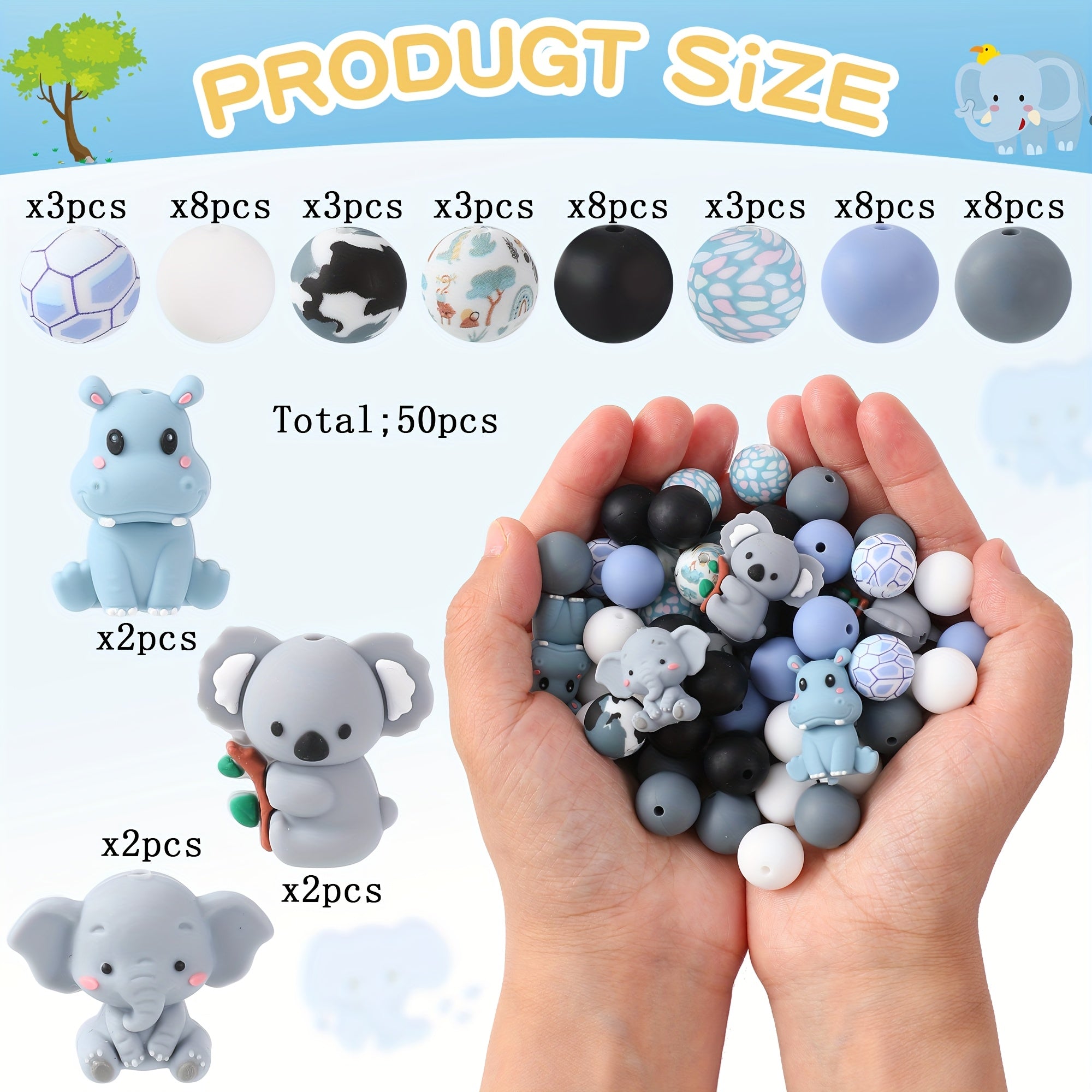 TEMU 50 3d Animal Silicone Beads, 3d 3d Gray Elephant Koala Hippo Shaped Bulk Spacer Beads, Suitable For Diy Bracelets, Jewelry, Key Chain Pendants,