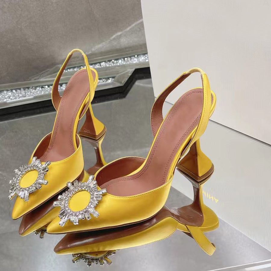 10A Quality Luxury Designer Sandals Women Fashion Satin Slingbacks 10CM High Heels Pointed Dress Shoes with Bow Sunflower Water Diamond Party Weddin