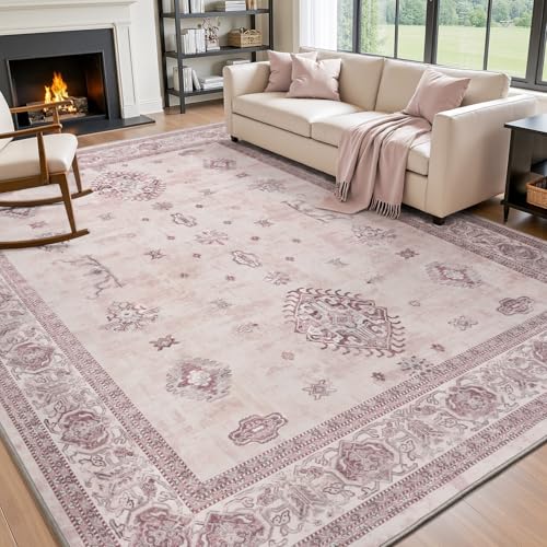 AMOAMI-Vintage Area Rug 6X9 Pink Rugs for Living Room-Soft Living Room Rug Non Slip Rugs for Bedroom Carpet Machine Washable Rug for Dining Room Bedsi