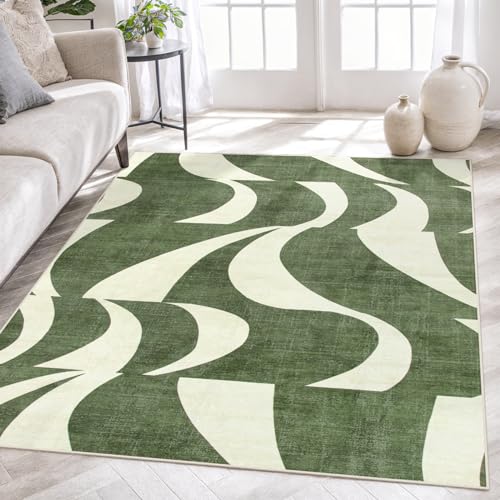 Lahome Abstract 5x7 Rug,Low-Pile Soft Green Rugs for Living Room,Retro Swirl Indoor Floor Carpet Washable for Dining Room Office Bedroom Entryway Non-