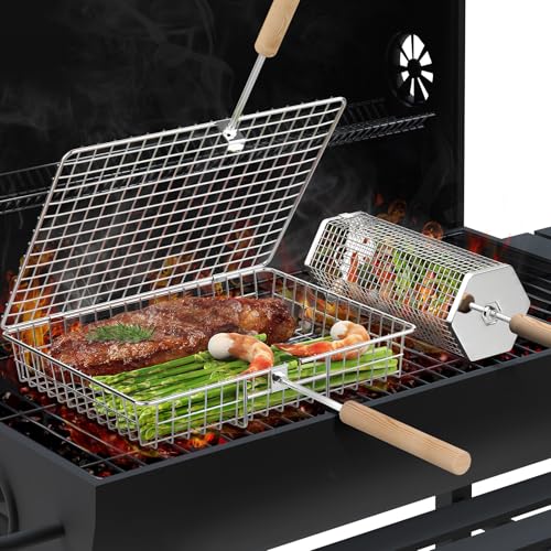 Grill Basket Set, Removable Wooden Handle, 304 Stainless Steel, Rolling BBQ Tools, Smoker Grilling Accessories for Vegetable Fish, Outdoor Cooking Cam