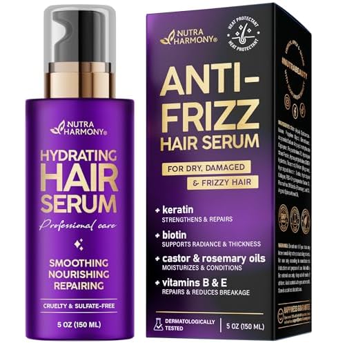 NUTRAHARMONY Hydrating Hair Serum – Keratin Hair Treatment for Dry, Frizzy, Damaged Hair – Biotin, Castor & Rosemary Oils – Anti‑Frizz, Heat P