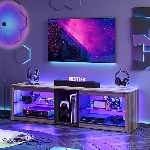 Bestier TV Stand for 70 inch TV, Gaming Entertainment Center for PS5, LED TV Cabinet with Glass Shelves for Living Room, 63'' Inch, Grey Wash 63''(for