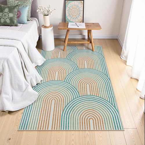 Moynesa Abstract Rainbow Washable 4x6 Rug, Ultra-Thin Soft Boho Area Rug for Playroom Bedroom Non Slip, Mid Century Modern Colored Orange Green Indoor