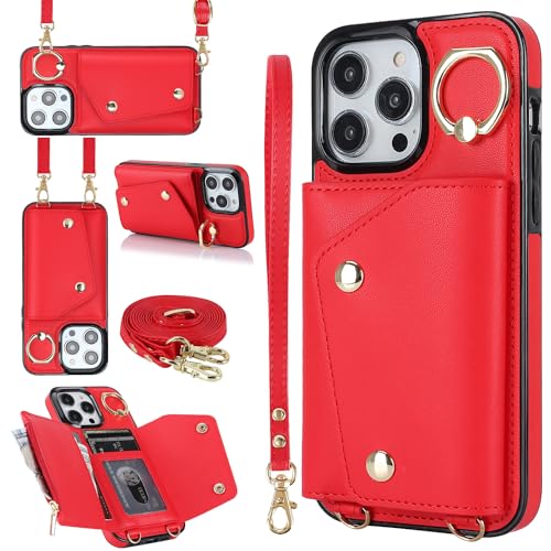 for iPhone 14 Pro Luxury Zipper Wallet Case with Ring, Multi Card Holder Adjustable Crossbody Strap, Fashion Wallet Bag.(Red) Red iPhone 14 Pro