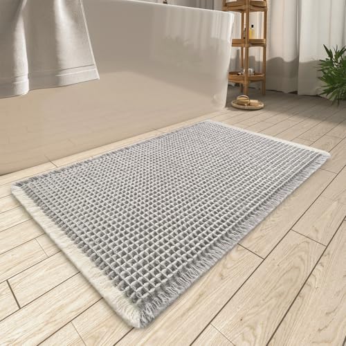 Upgraded Waffle Bath Mat, Super Absorbent Non Slip Bath Mats for Bathroom Floor, Machine Washable Bathroom Rugs with Tassels, Rubber Backed Bathroom M