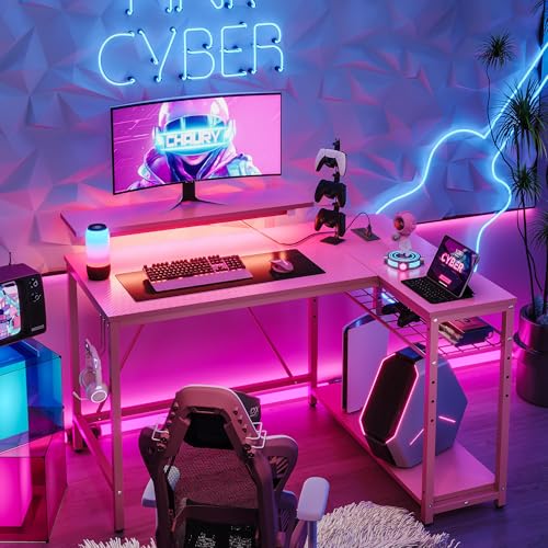 Bestier Pink Computer Desk with Power Outlets,42 LED Small Gaming Corner Desk with Reversible Storage Shelves,L Shaped Desk with Headset Hooks Studyin