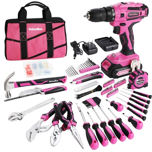 ValueMax Home Tool Kit with Cordless Lithium-ion Drill, 237-Piece Pink Tool Set, Power Tool Set with Wide Mouth Open Storage Bag, Basic Drill Sets Com