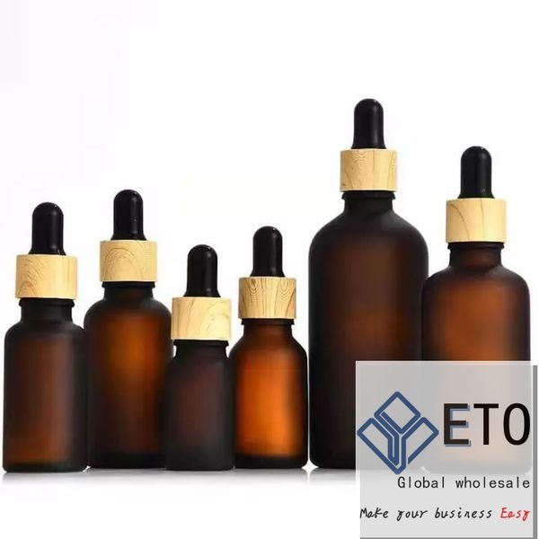 Frosted Amber Glass Dropper Bottles Essential Oil Bottle Woodgrain Eyedropper Lids Perfume Sample Vials Essence Liquid 10 15 30 50 100ml
