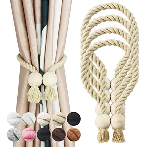 4 Pack Dark Beige Magnetic Curtain Tiebacks Cotton Hand Woven Tieback Holdback Decorative Tie Backs for Drapes with Wooden Buckle No Tools Required Da