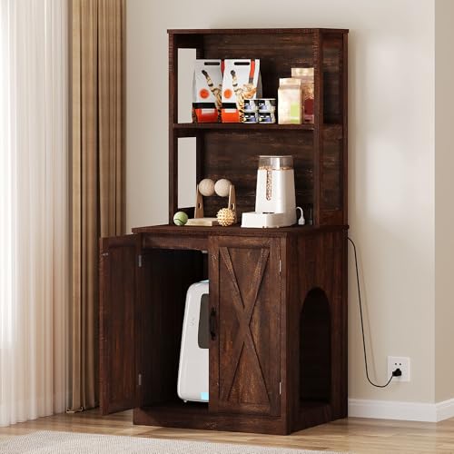 YITAHOME Large Cat Litter Box Furniture with Shelves and Charging Station, Hidden for Self-Cleaning Cat Litter Box Enclosure, Wooden Cat Cabinet for S