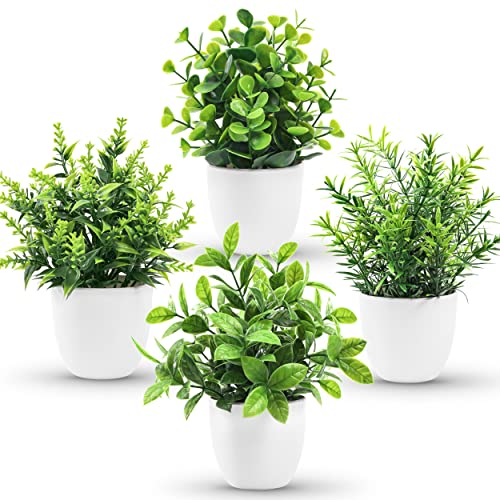 Der Rose Faux Plants Indoor, 4 Pack Small Fake Plants Mini Artificial Plants in Pots for Home Office Shelf Farmhouse Bathroom Decor Green