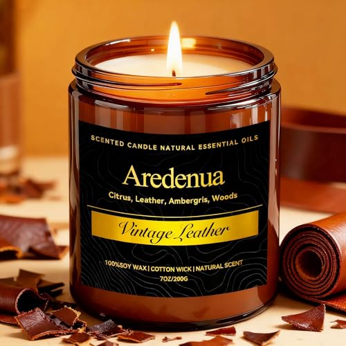 Vintage Leather Candle – Masculine Candles for Men, Soy Candles with Classic Leather Aroma, Long Lasting Manly Scented Candle for Home, Office, Loun