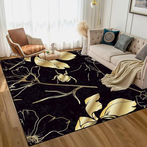 6' x 9' Flower Rug Gold Floral Area Rugs Non Slip for Living Room Bedroom Dorm Dining Room Luxury Texture Flower Print Carpet for Women Floor Mat Pad