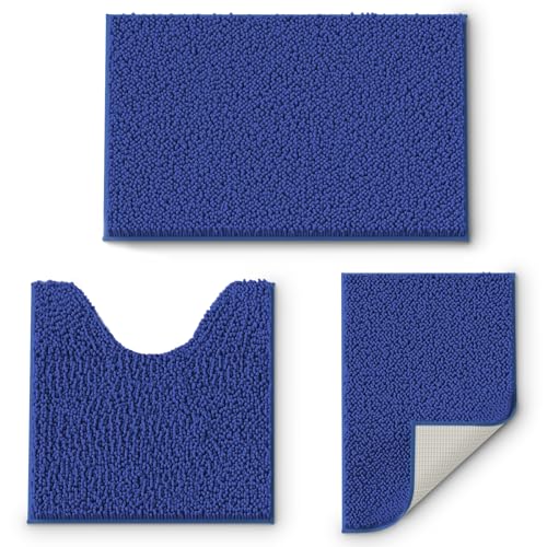 RUN HELIX Royal Blue Chenille Bath Mat Set, 3 Piece, High Pile, Tufted, Machine Made, Non Slip, Absorbent, Fluffy, Washable, Bathroom Blue Royal 16" x
