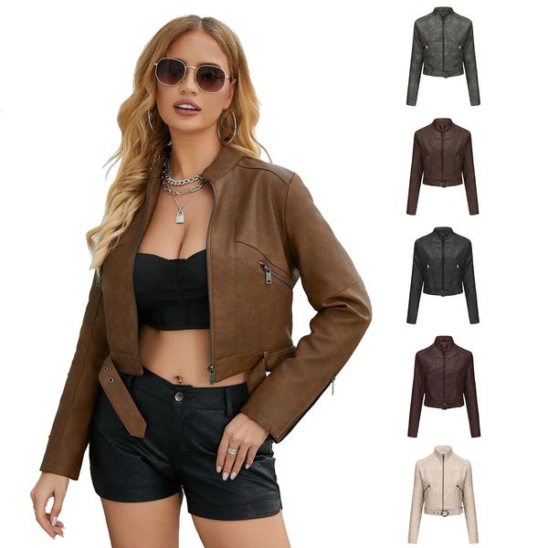 Spring Autumn Ladies Motorcycle Style Leather Jacket Female Belt Long Sleeves Zipper Coats Windbreaker 241125