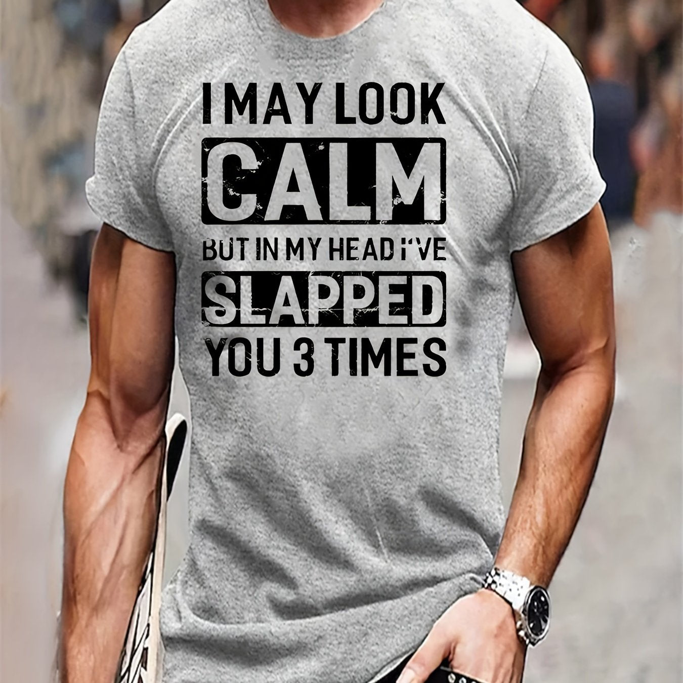 TEMU Men's Funny Slogan T-shirt With "i May Look Calm But My Slapped You 3 Times" Print - Grey Casual Short Sleeve Round Neck Humor Tee For Parties,