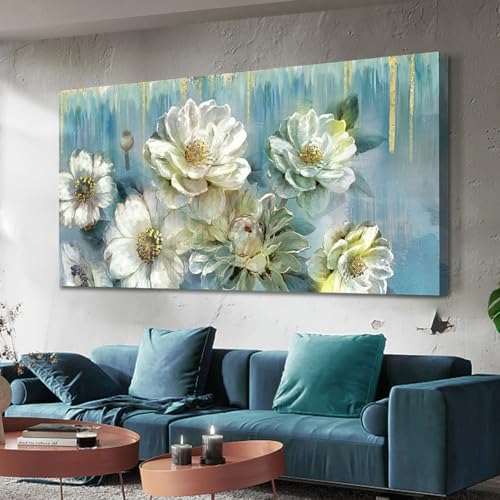 Ardemy Flowers Teal Wall Art Canvas Magnolia White Floral Picture Textured Painting Modern Turquoise Artwork Framed for Living Room Bathroom Bedroom D