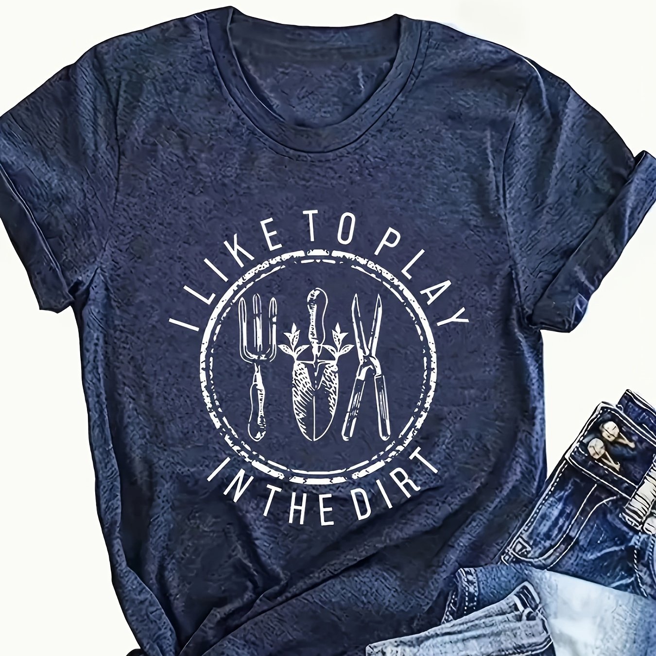 TEMU Women's Funny "like To " T-shirt - Soft Short Sleeve Casual Top With Print (trowel, Rake, Hoe, Shovel) - Farming