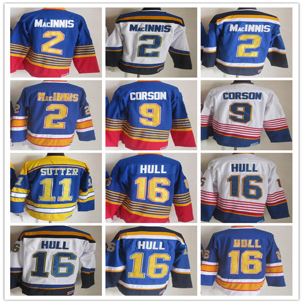 Brett Hull Vintage Hockey Jerseys Glenn Hall Al MacInnis Joe Mullen Shayne Corson Brian Sutter Stitched Retro Uniforms Blue White Men