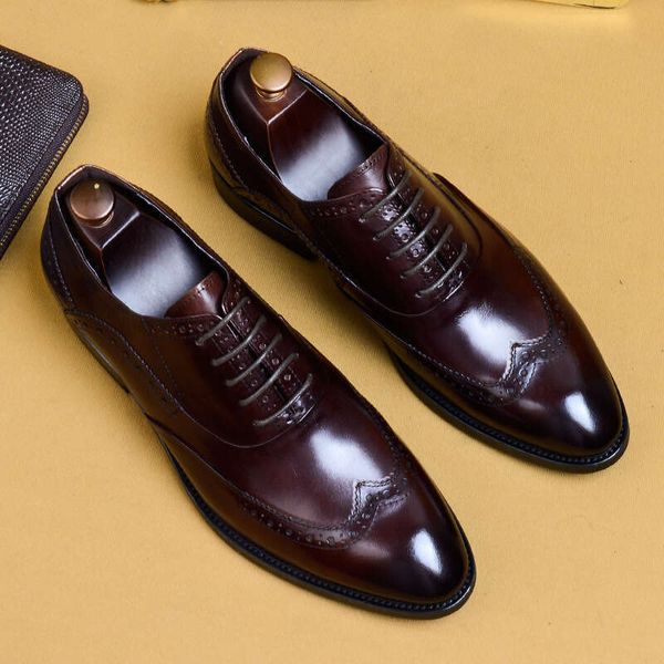 Formal Leather Shoes, Genuine Leather, British Carved Block, Men&#039;s Toe Layer, Cowhide, Business Dress, Pointed Oxford Shoes