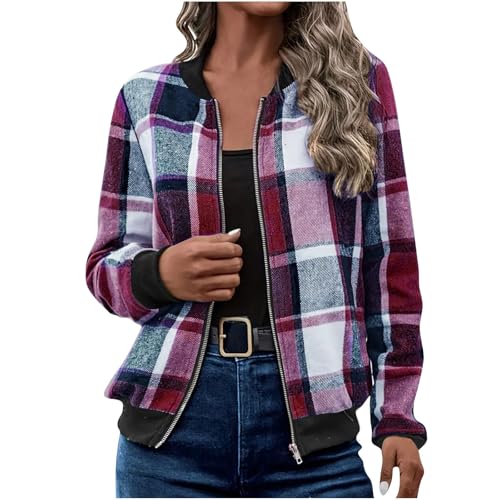 Womens Plaid Zip Cardigan Lightweight Bomber Style Sweater Autumn Fashion Long Sleeve Blouse Top A01 Purple Medium