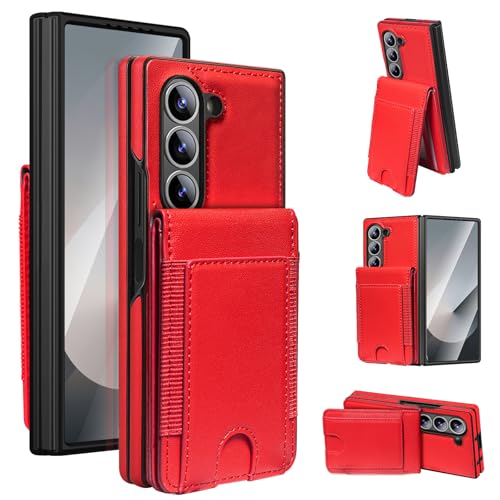 for Samsung Galaxy Z Fold 7 Case with Wallet, Built in Front Glass Screen Protector, 3 Card Slots and Any Angle Kickstand - Red Red Z Fold 7