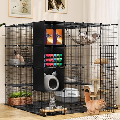 YITAHOME Large Cat Cage with Storage Cube DIY Indoor Catio Cats Enclosures Metal Cat Playpen with Large Hammock for 1-4 Kittens 4 Tiers Cat Kennel