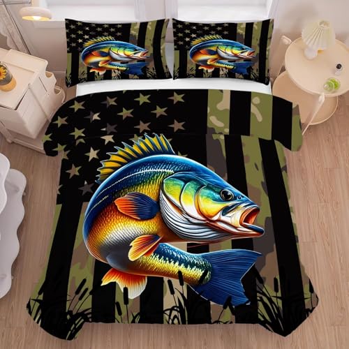 Bass Fish Comforter Set King Size American Flag Bedding Set for Men Boys Teens Green Fishing Lover Bedroom Camouflage Farmhouse Bed Set Wild Quilted,