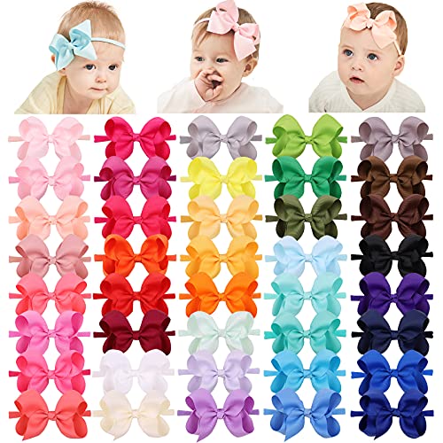 jollybows 40pcs 4inches Baby Girls Grosgrain Ribbon Hair Bows Headbands Nylon Elastic Hair Band Hair Accessories for Infants Newborn 2- 40pcs nylon bo