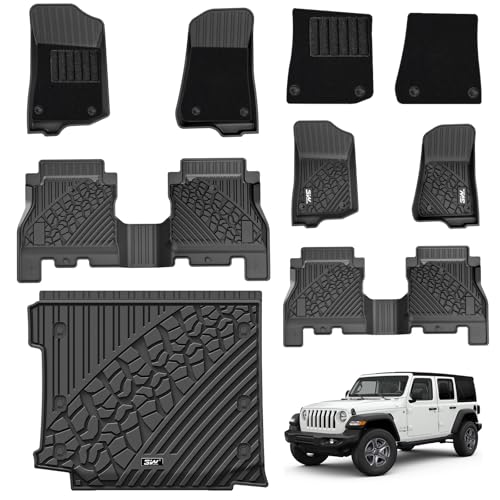 3W Floor Mats & Cargo Liner with Carpets on TOP Fit for Jeep Wrangler JL 2018-2024 2025 Unlimited 4-Door Sahara Willys Rubicon with Subwoofer(Non JK o