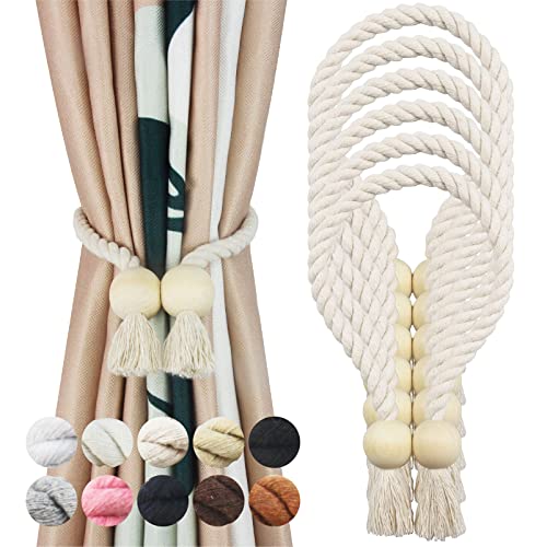 6 Pack Beige Magnetic Curtain Tiebacks Cotton Hand Woven Tieback Holdback Decorative Tie Backs for Drapes with Wooden Buckle No Tools Required Beige 6