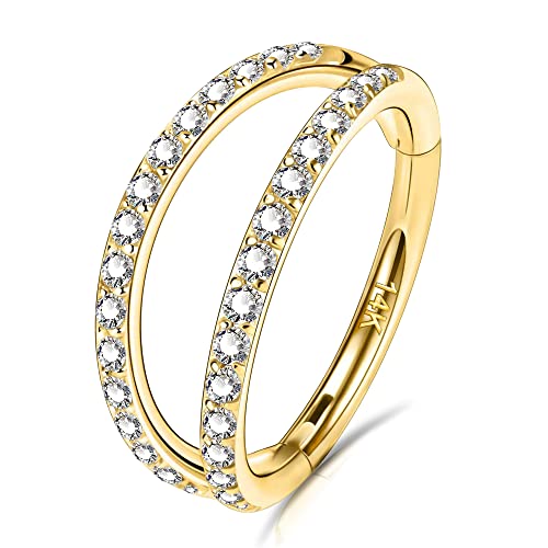 OUFER 20G Nose Rings Hoops, 14K Solid Gold Double Hoop Nose Piercing Jewelry, Hinged Segement Clicker Cartilage Helix Tragus Hoop Earring For Women An