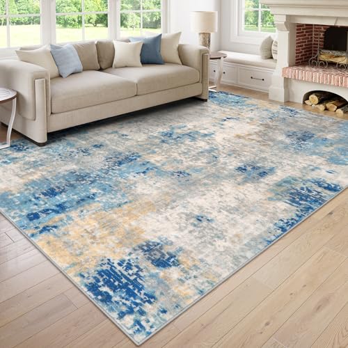 Lahome Modern Abstract Living Room Rug, Washable 8x10 Area Rugs for Bedroom Stain Resistant Non Slip, Large Blue Soft Indoor Carpet for Dining Room Ta