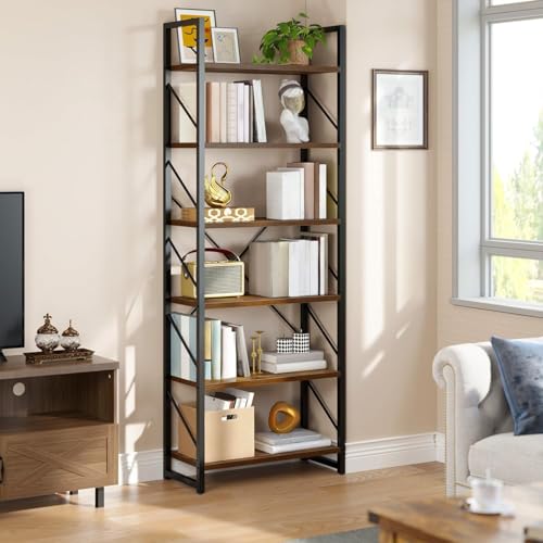 YITAHOME Tall Bookshelf Industrial Book Shelf 6 Tier Bookcase, Open Display Storage Rack Shelves for Living Room-Bedroom-Home-Office-Kitchen, Holder O