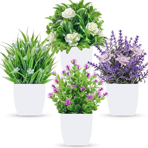 Der Rose 4 Pack Small Fake Flowers Plants Mini Artificial Potted Plants for Centerpiece Table Decorations Desk Home Bathroom Office Decor 4-colorful