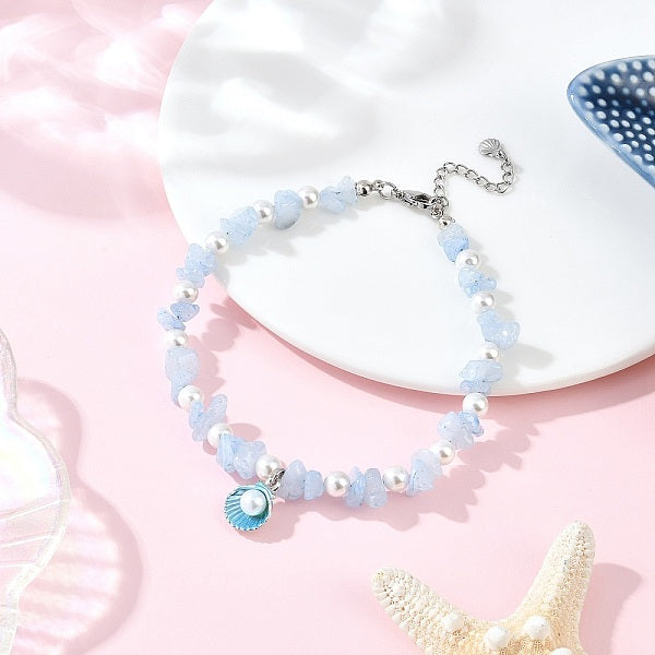 Alloy Enamel Shell Shape Charm White Round Shell Pearl & Natural Dyed Aquamarine Chip Beaded Anklets