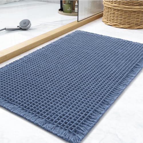 Waffle Bath Mat Rug, Super Absorbent Non Slip Bath Mats for Bathroom Mat Ultra Soft Bathmat Machine Washable Bathroom Rugs with Tassels, Bath Rugs for