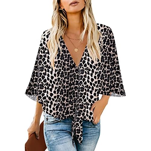 luvamia Women's V Neck Tops 3-4 Sleeve Tie Knot Floral Blouses Button Down Shirts Medium Leopard Print