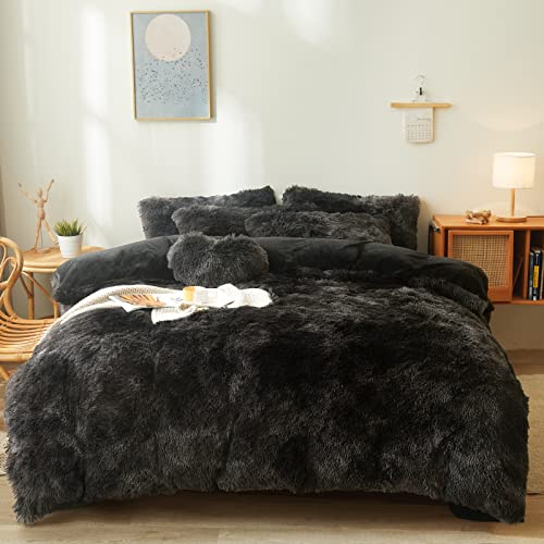 Fluffy Tie Dye Black comforters Cover Twin Size - Ultra Soft Plush Bedding Sets 2 Pieces (1 Faux Fur Comforter Cover + 1 Fuzzy Pillow case) Girls Shag